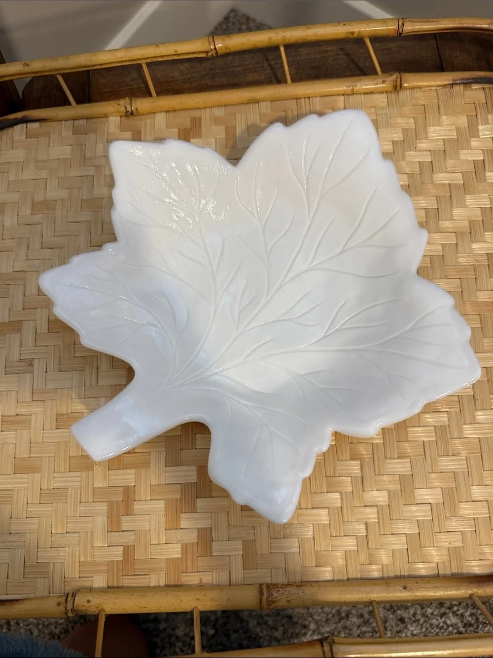 Vintage White Milk Glass Maple Leaf Serving Dish Candy Nut Trinket Bowl Fall